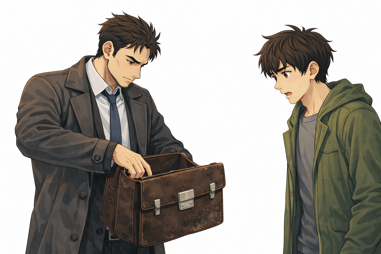 의문의 의뢰인이 낡은 노트를 건네는 장면